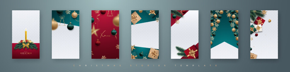 7 Editable Christmas and New Year set stories template for Social Media, Smartphone Story. Realistic gift boxes, baubles, stars and garlands. - obrazy, fototapety, plakaty