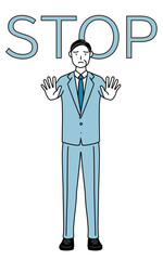 ストップの合図、体の前に手を突き出すシニアビジネスマン、経営者・管理職・社長のシンプルな線画イラスト