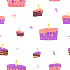 Seamless pattern, cake and piece of cake with purple, pink icing, glaze and burning candle. Holiday vector illustration for postcard, Birthday, web, design, art, invitation, greeting, congratulations