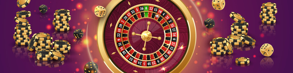 Banner with golden Сasino roulette, stacks of black, gold poker chips, tokens, dices, around on purple background with reflection, lights. Vector casino illustration.