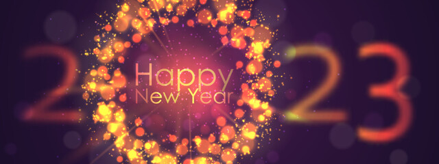 Christmas lights and numbers 2023 on black background with bokeh and shine, sparkles. Vector illustration. Happy New Year template decoration, design, decor. Elements for flyer, poster, banner, web.