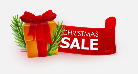 Christmas Sale Banner with red ribbon and gold gift, letters and branches. Holiday vector illustration for postcard, business card, decor, design, arts, party, sale, advertising, special discounts.