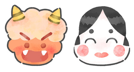 鬼と福の神の顔のイラスト　手描き　水彩風