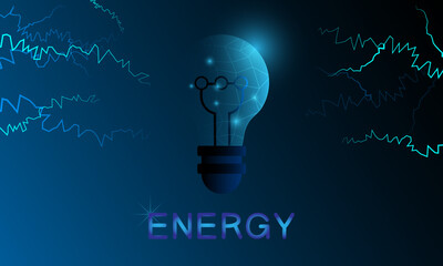 Futuristic energy concept. Light bulbs electricity glowing symbols and text. Technology abstract energy vector illustration. Graphic design concept of business energy. Glow in the dark background.