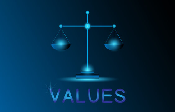 Futuristic values concept. The scales glowing symbol and text. Technology abstract values vector illustration. Graphic design concept of business values. Glow in the dark background.