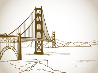 Golden Gate Bridge. San Francisco, USA. Hand drawn line sketch. Ink drawing. Sepia vector illustration on white. - obrazy, fototapety, plakaty