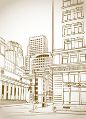 Urban landscape. Nice street of the San Francisco. California, USA, Hand drawn style. Urban sketch. Line art. Ink drawing. Sepia Vector illustration on white background. For postcards. 