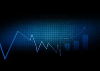 market graph on black. financial bar chart with uptrend line graph and stock market on blue color background. blank text space for backgrounds, banners, online media, design presentation.