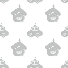 Vector seamless pattern with flat grey toys, decorations in form of car and house for xmas tree. Festive backgrounds and textures for Christmas New Year design