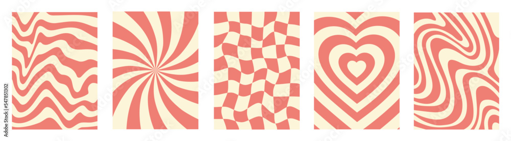 Poster Retro groovy set waves, swirl and checkered distorted backgrounds. Trendy monochrome vector texture in retro vintage style. Pastel colors
