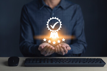 Businessman, entrepreneur, showing signs ISO standard of business and industry to certify the...