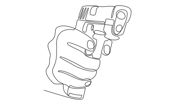 continuous line drawing of man holding revolver hand gun