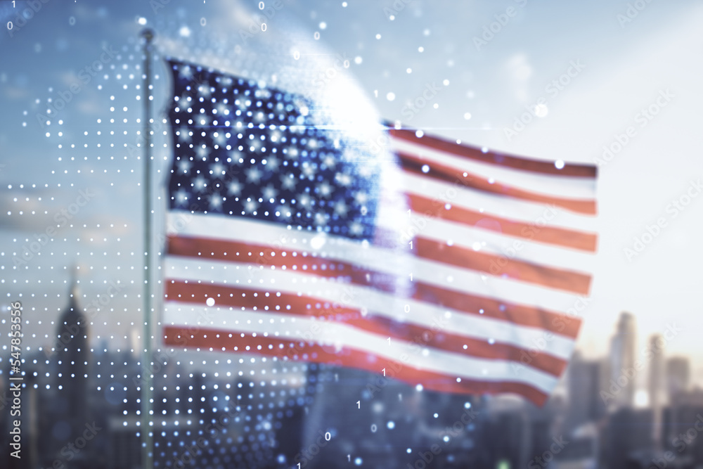 Poster multi exposure of abstract graphic world map on us flag and skyline background, big data and network