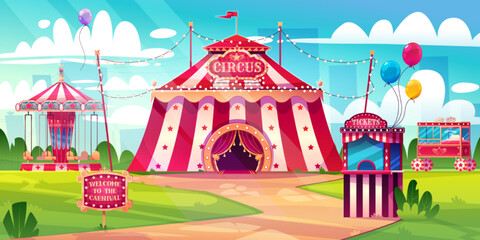 Amusement carnival park with circus tent, merry-go-round carousel and candy cotton booth, balloons and tickets kiosk. Festive fair and recreation entertainment attractions Cartoon vector illustration - obrazy, fototapety, plakaty