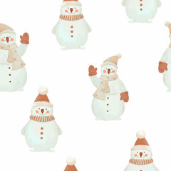 Beautiful Christmas image with cute hand drawn winter snowman. Stock illustration. Spruce forest. Celebration clip art.