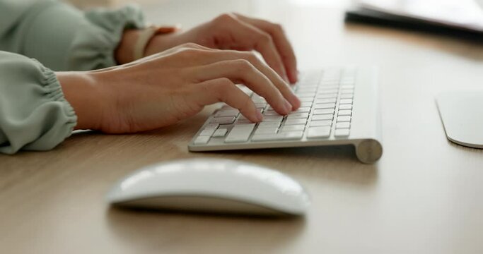 Closeup woman, office and typing keyboard for in office for email, schedule or communication as receptionist. Hands, computer writing or research on internet for planning, article or research at desk