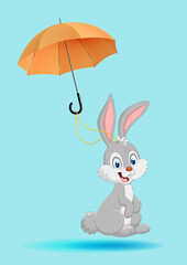 The symbol of the new year is the rabbit. Vector illustration of the symbol of the new year of the rabbit flying on an umbrella like a parachute. Sketch for creativity.