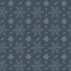 Winter Seamless pattern of a white snowflakes on a grey background. Vector illustration for decoration, postcards, print