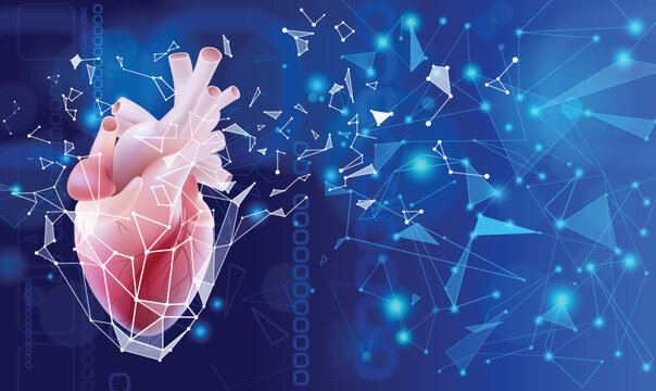 3D Illustration of a human heart in a realistic style with an image of an outer protective poly block isolated on a blue background. medical use and public relations