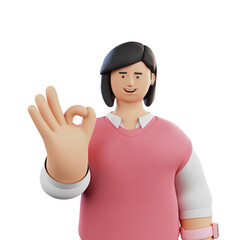 3D render illustration. Cartoon character of a young woman wearing a shirt and vest isolated on white background, giving okay sign. Image for school, college, study, or casual situation