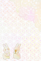 年賀状ハガキの2匹のうさぎ　(コピースペース有り版&縦ver)