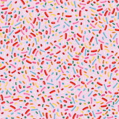 Hand drawn seamless pattern of many colorful sprinkles on light pink background. For cover, polygraphy, party designs