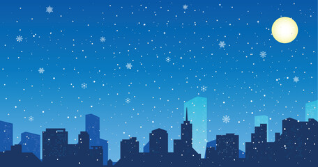 Night cityscape Christmas background with falling snow, and lights. The city in the winter during the night