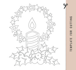 Christmas candle with stars and holly. Elements for decoration. Templates for cutting paper, plotter or laser cutting.