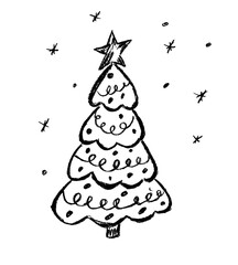 On a white background, the black outline of a Christmas tree with a star