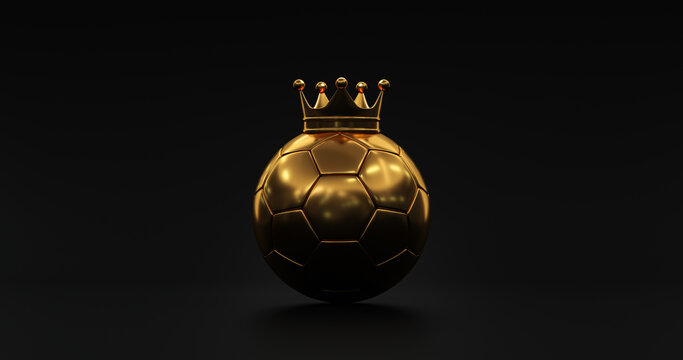 Gold soccer ball or football isolated on black 3d illustration dark background with sport winner championship tournament and golden king crown competition trophy champion cup of victory honor prize.