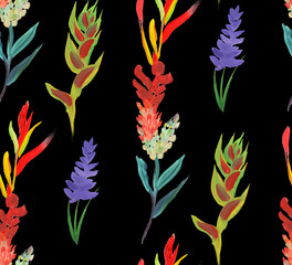 Seamless pattern with bright red tropical flowers and plants for summer textiles and surface design