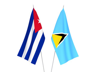 National fabric flags of Cuba and Saint Lucia isolated on white background. 3d rendering illustration.