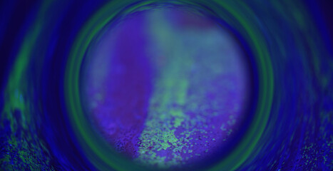 Blur neon glow. Round frame background. Fluorescent radiance. Defocused blue green purple color...