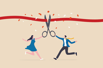 Cut ribbon to start new business, startup launch new product ceremony or great beginning celebration event, businessman and businesswoman holding scissors to cut red ribbon start new company.