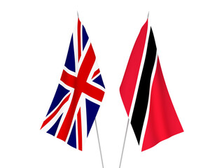National fabric flags of Great Britain and Republic of Trinidad and Tobago isolated on white background. 3d rendering illustration.