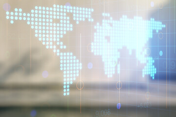 Obraz premium Multi exposure of abstract creative digital world map hologram on blurry modern office building background, tourism and traveling concept