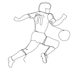 A player dribbles the ball in football. One line art. Continuous line drawing of football on a white background.