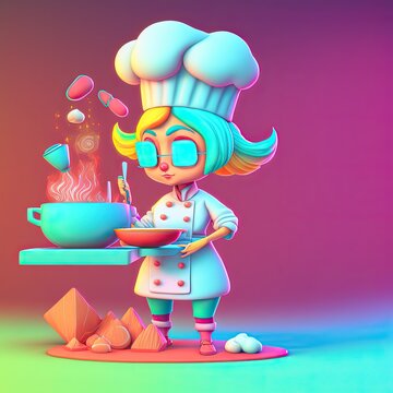 Illustration of a woman 3d textured cheff cooking a delicious meal