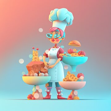 Illustration of a female 3d isolated cheff standing in the middle of her dishes