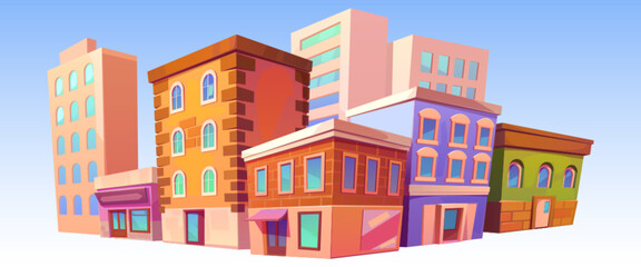 Isolated city retro buildings, vintage town houses architecture, cafe or store showcase on ground floor. Dwelling construction, stone cottages facades, exterior angle view cartoon vector illustration