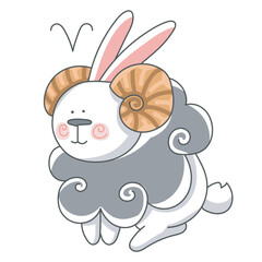 Illustration with white rabbit. Zodiac signs. Hare Aries. Aries Horoscope. Symbol of 2023.