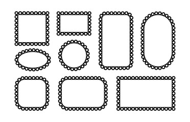 Circle and square scalloped frames. Scalloped edge rectangle and ellipse shapes. Simple label and sticker form. Flower silhouette lace frame. Vector illustration isolated on white background.