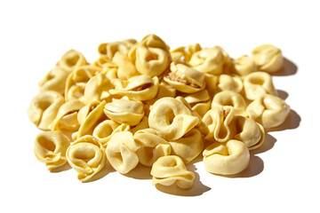 Tortellini pasta isolated on white background. Fresh Tortellini with raw prosciutto. Italian stuffed pasta