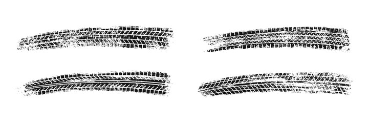Auto tire tread grunge set. Car and motorcycle tire pattern, wheel tyre tread track. Black tyre print. Vector illustration isolated on white background. - obrazy, fototapety, plakaty