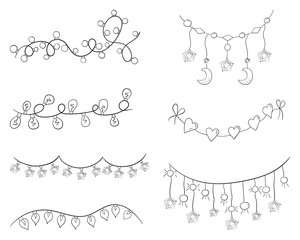 A set of festive garlands with a thin line, vector illustration of a doodle
