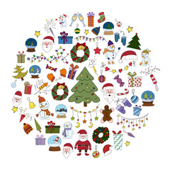 Set of colorful Christmas icons with a thin line , vector doodle illustration