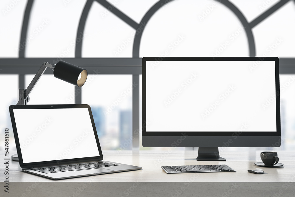 Poster Close up of daylight designer workplace with blank white laptop computer screens, coffee cup and keyboard on wooden desktop and window with city view background. Mock up, 3D Rendering.