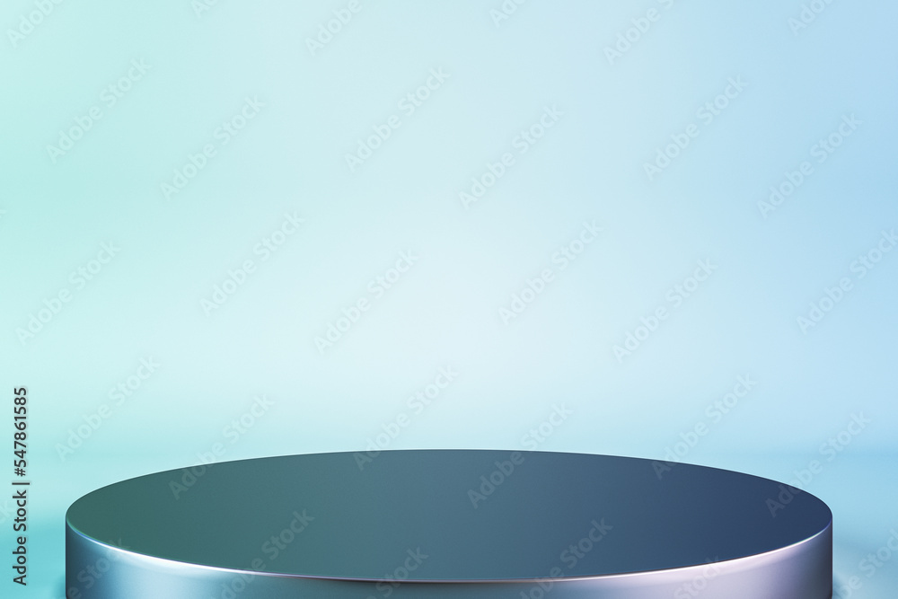 Poster Blue studio with geometric shapes, podium on the floor. Platforms for product presentation, mock up backdrop. Abstract composition in minimal design. 3D Rendering.