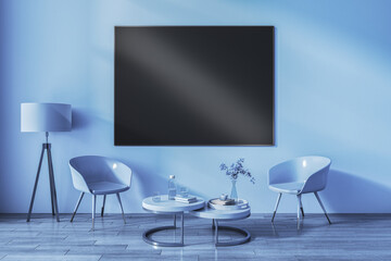 Contemporary blue living room interior with furniture and empty black mock up poster. Mock up, 3D Rendering.