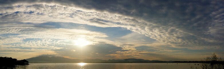 Panoramic view of morning sky with reservoir